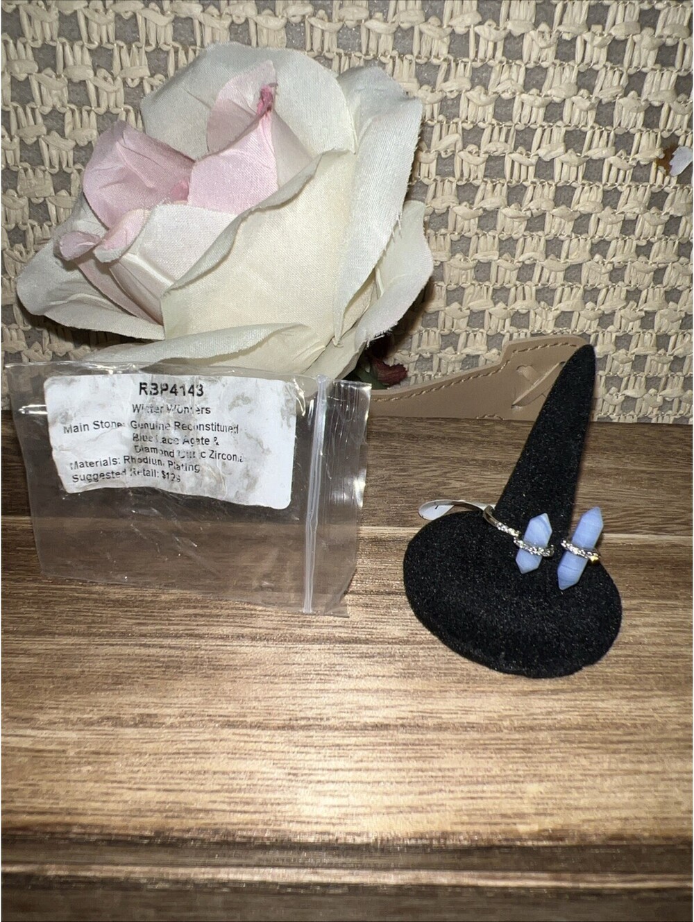 Bomb Party Ring Size 7. Winter Wonders. Blue Lace Agate & CZ. Rhodium Plating.